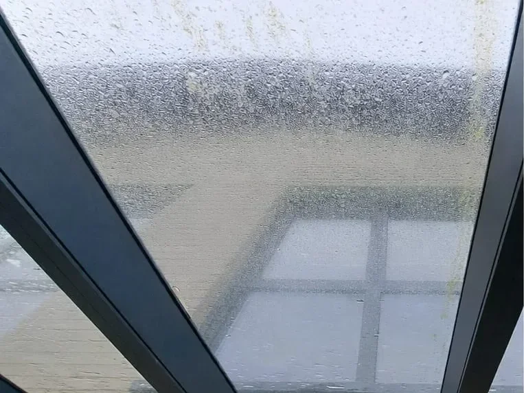 Dasselbe Vordach vorher: blinde, verschmutzte Scheiben mit Regenrändern