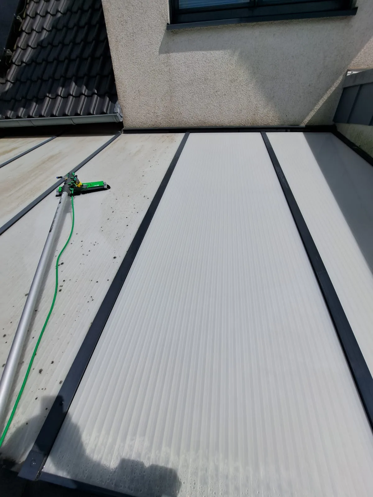 Terrassendach während der Reinigung: rechts die bereits klare Fläche, links der Grünbelag